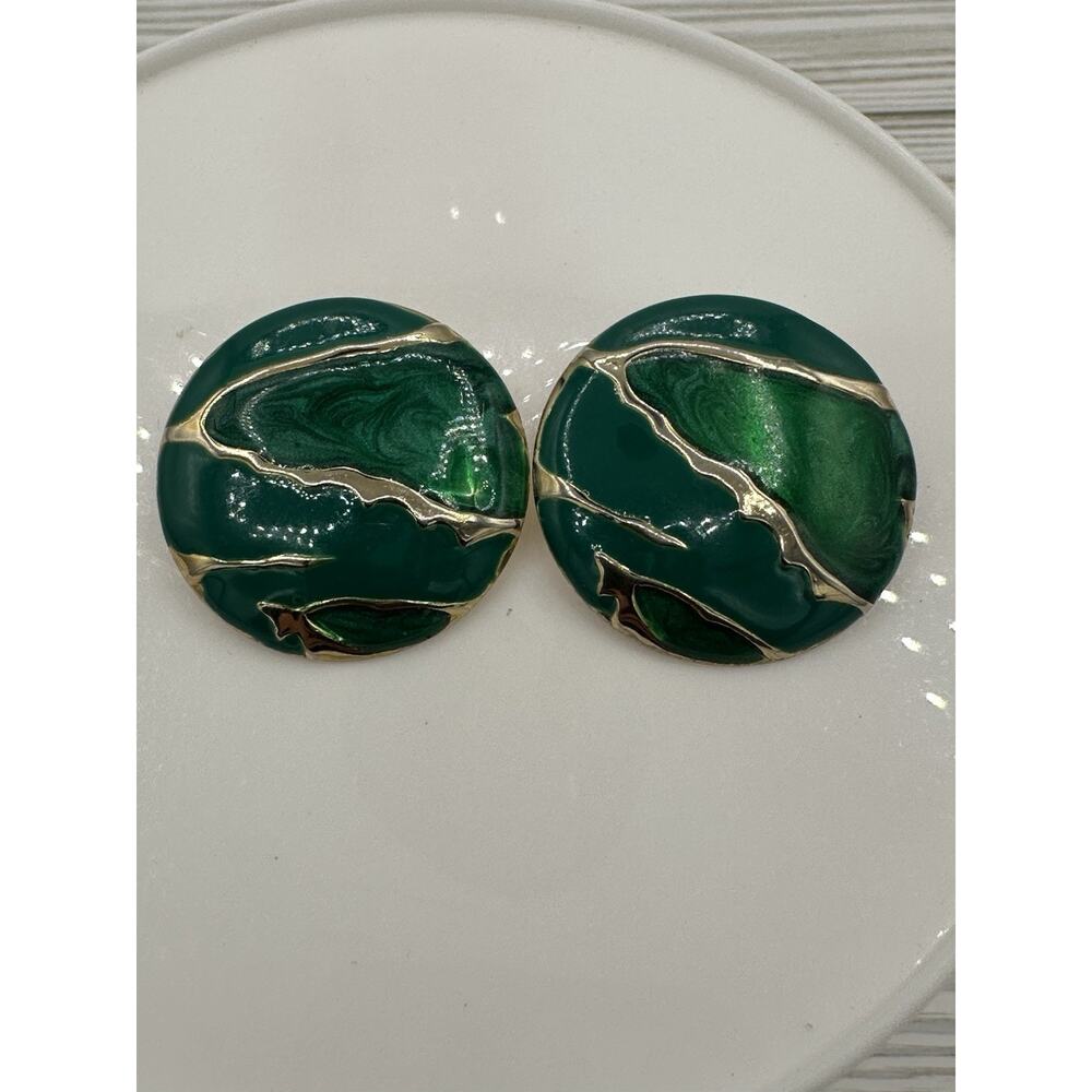 Vintage pierced enamel Green earrings green sparkle silver tone 1980’s Retro